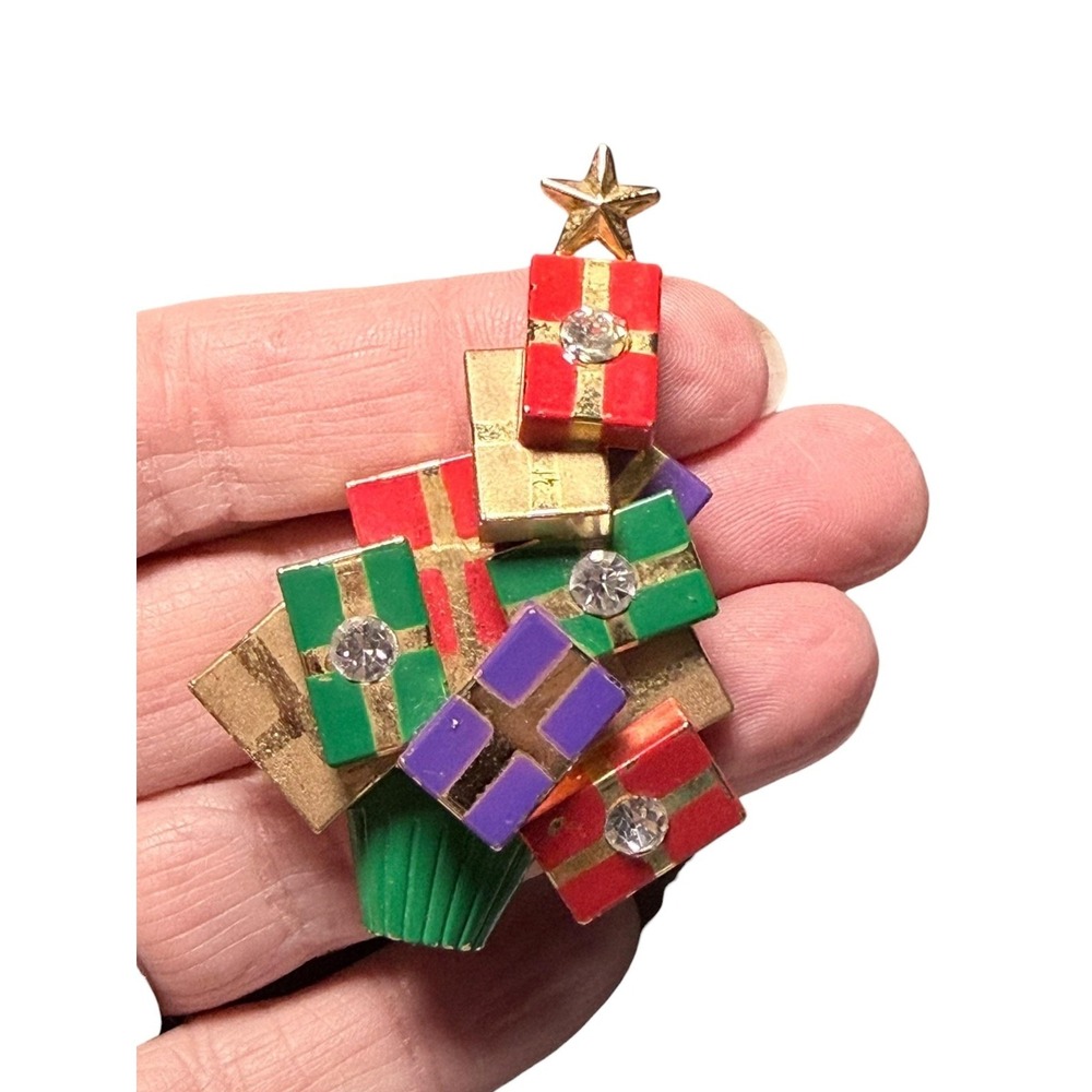 Christmas Presents Tree Brooch Pin Rhinestone Enamel‎ Multicolor Gold Tone